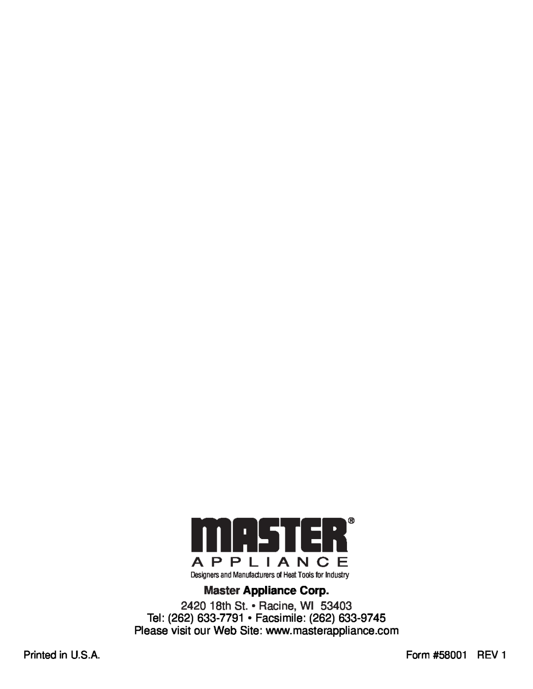 Master Appliance 1425-3550 FPM130-900F Master Appliance Corp, 2420 18th St. Racine, WI Tel 262 633-7791 Facsimile 262 