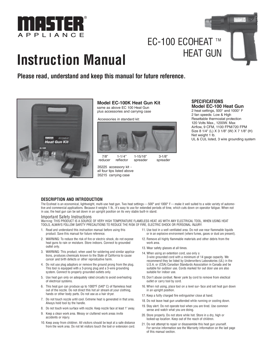 Master Appliance EC 100-K specifications EC-100 Ecoheat TM, Specifications, Description and Introduction 