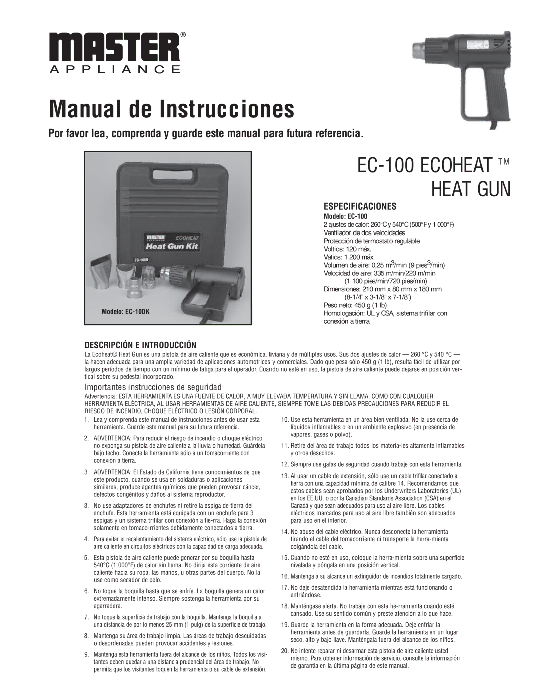 Master Appliance EC 100-K specifications EC-100 Ecoheat TM Heat GUN, Especificaciones, Descripción E Introducción 