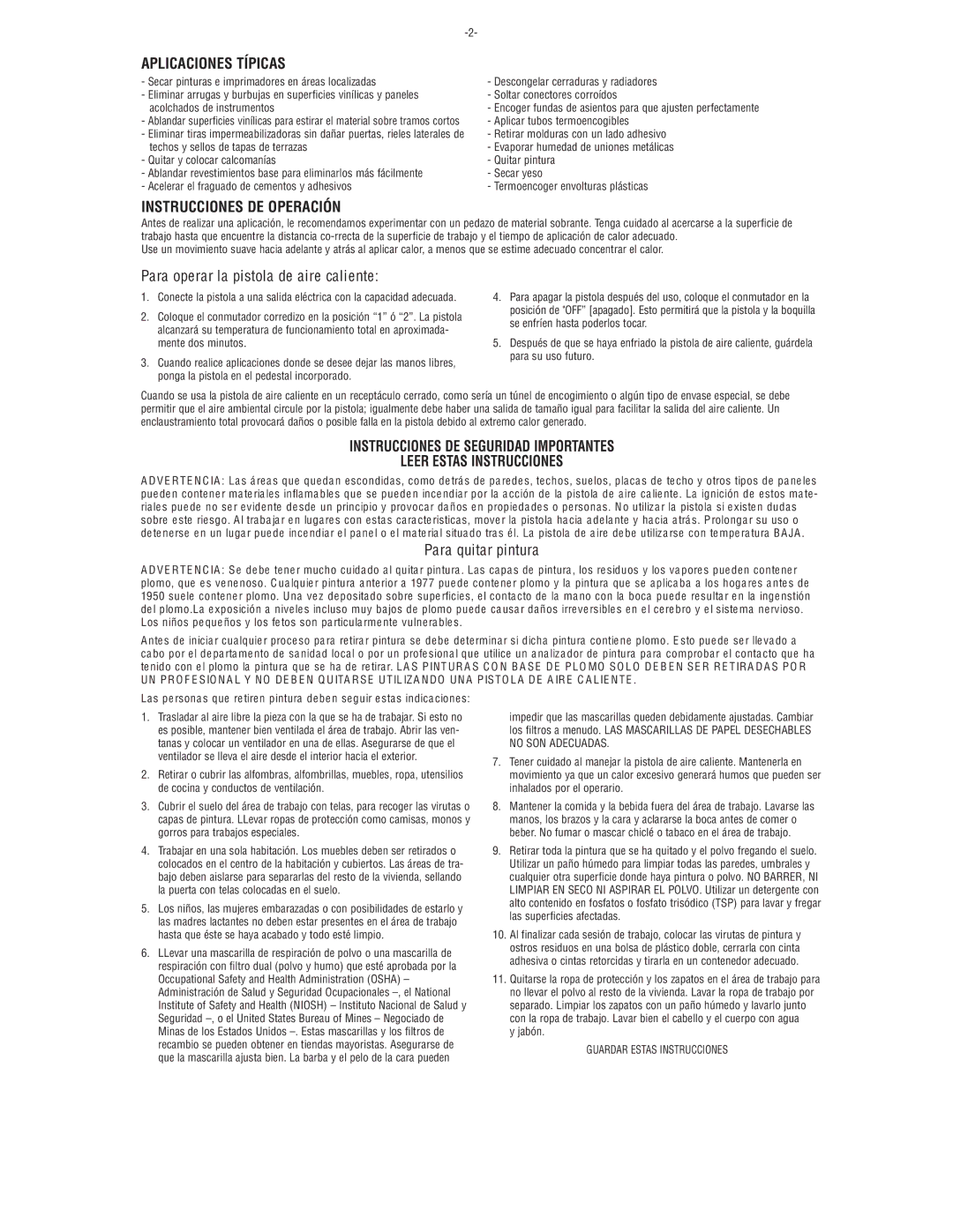 Master Appliance EC 100-K Aplicaciones Típicas, Instrucciones DE Operación, Para operar la pistola de aire caliente 