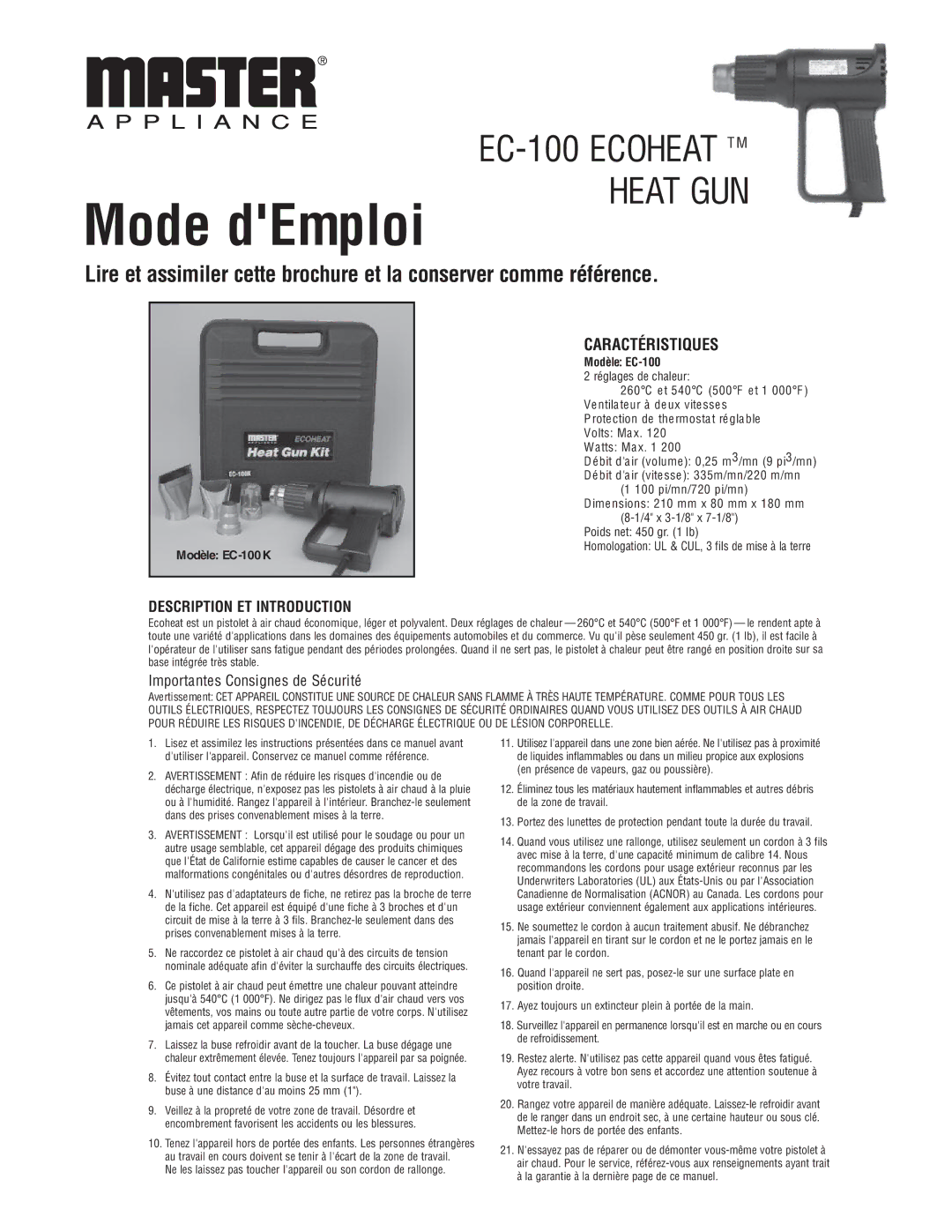 Master Appliance EC 100-K Caractéristiques, Description ET Introduction, Importantes Consignes de Sécurité, Modèle EC-100K 