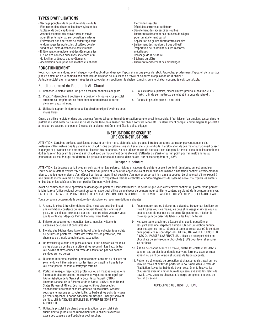 Master Appliance EC 100-K specifications Types Dapplications, Fonctionnement du Pistolet à Air Chaud 