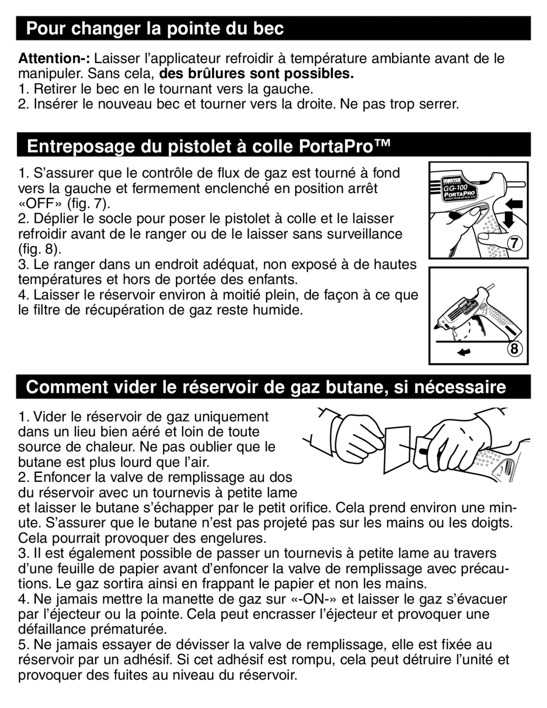 Master Appliance GG-100 instruction manual Pour changer la pointe du bec, Entreposage du pistolet à colle PortaPro 