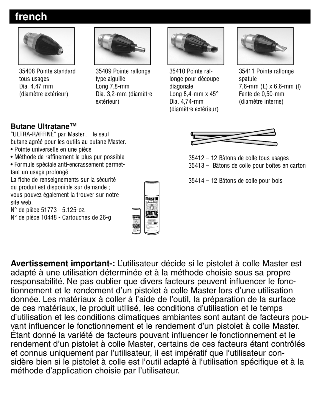 Master Appliance GG-100 instruction manual French, Butane Ultratane 