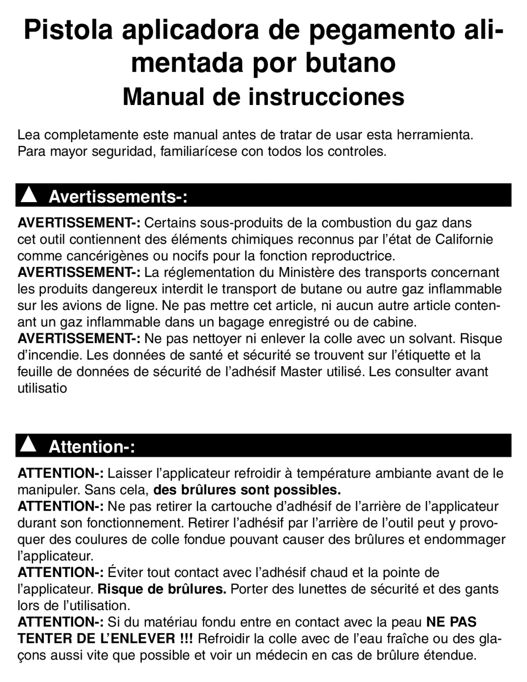 Master Appliance GG-100 instruction manual Pistola aplicadora de pegamento ali‑ Mentada por butano 