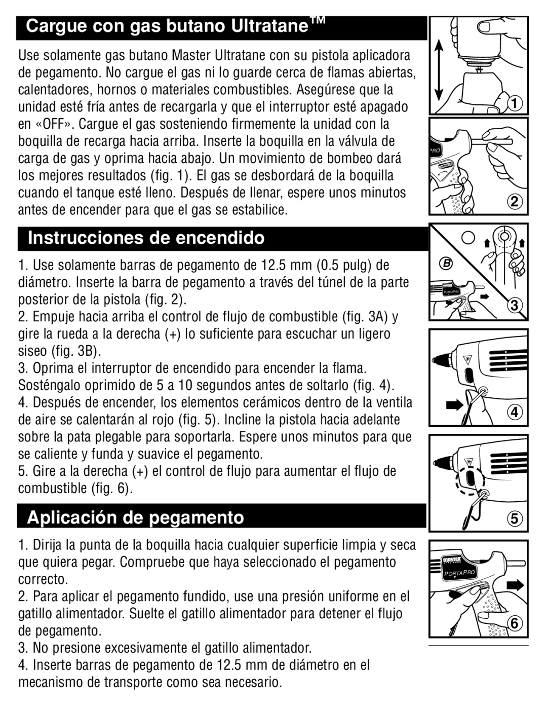 Master Appliance GG-100 Cargue con gas butano Ultratane, Instrucciones de encendido, Aplicación de pegamento 