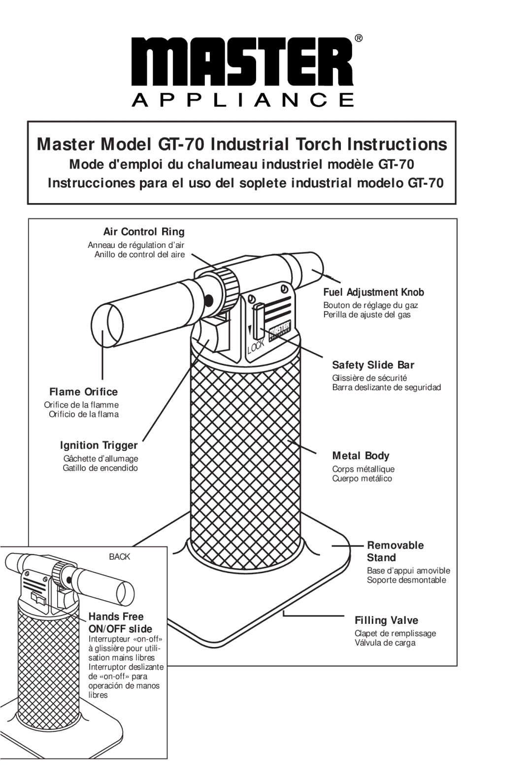 Master Appliance GT-70 manual Flame Orifice, Ignition Trigger, Fuel Adjustment Knob, Safety Slide Bar, Metal Body 