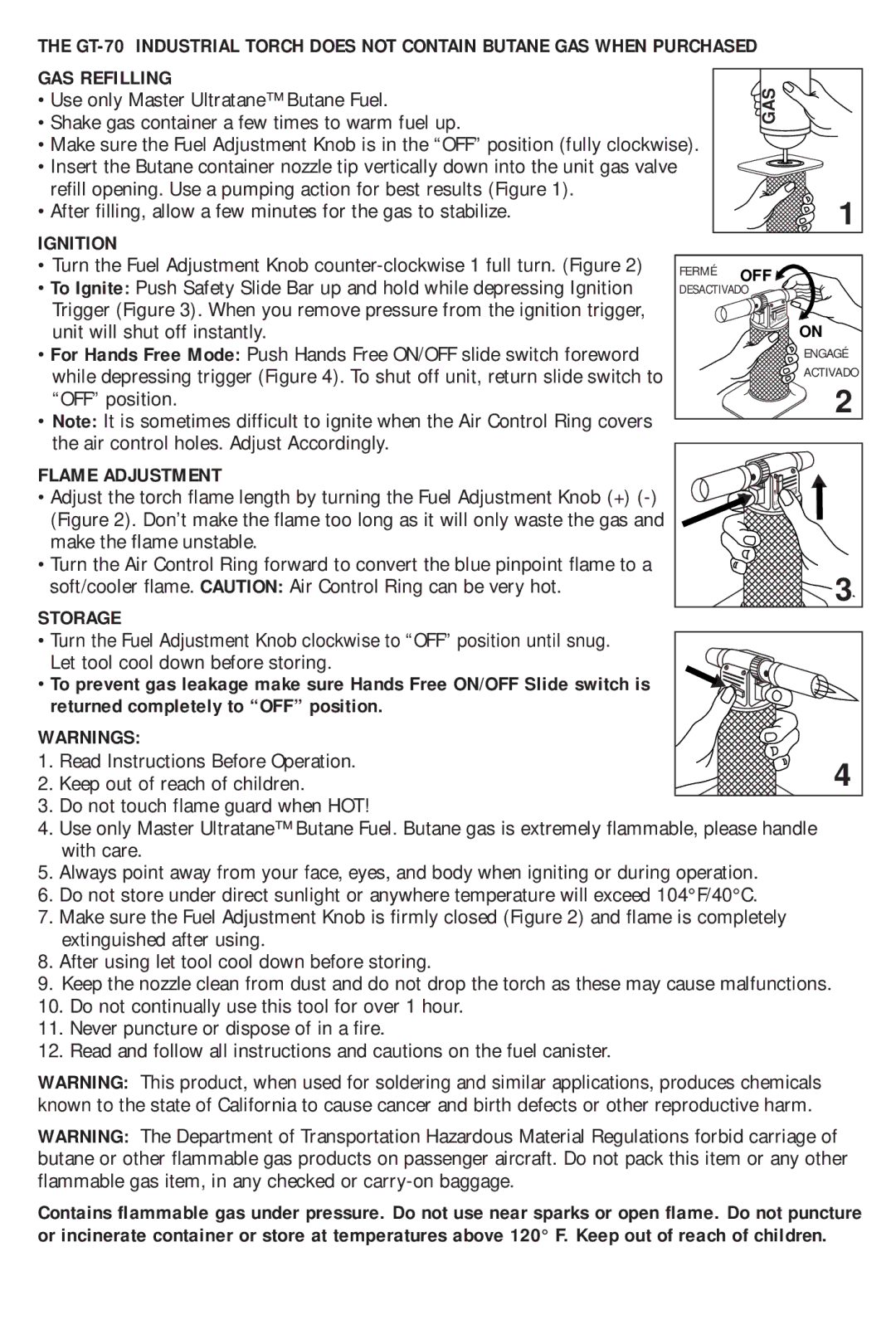 Master Appliance GT-70 manual GAS Refilling, Ignition, Flame Adjustment, Storage, Returned completely to OFF position 