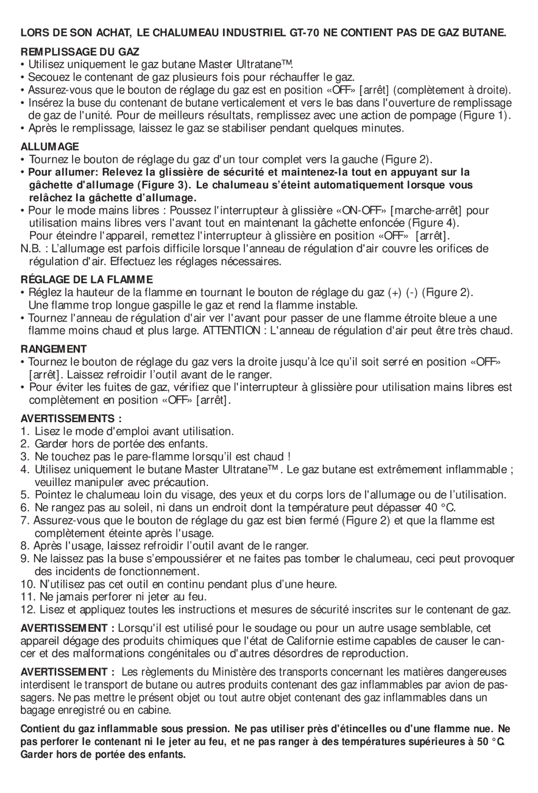 Master Appliance GT-70 manual Remplissage DU GAZ, Allumage, Réglage DE LA Flamme, Rangement, Avertissements 