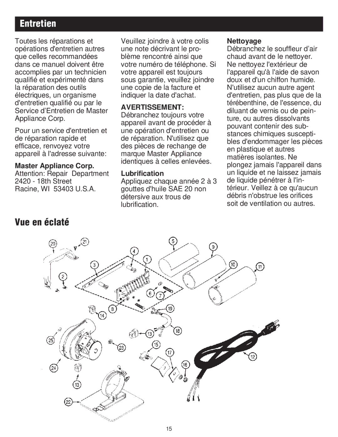 Master Appliance Heat Blower instruction manual Entretien, Vue en éclaté, Lubrification, Nettoyage 