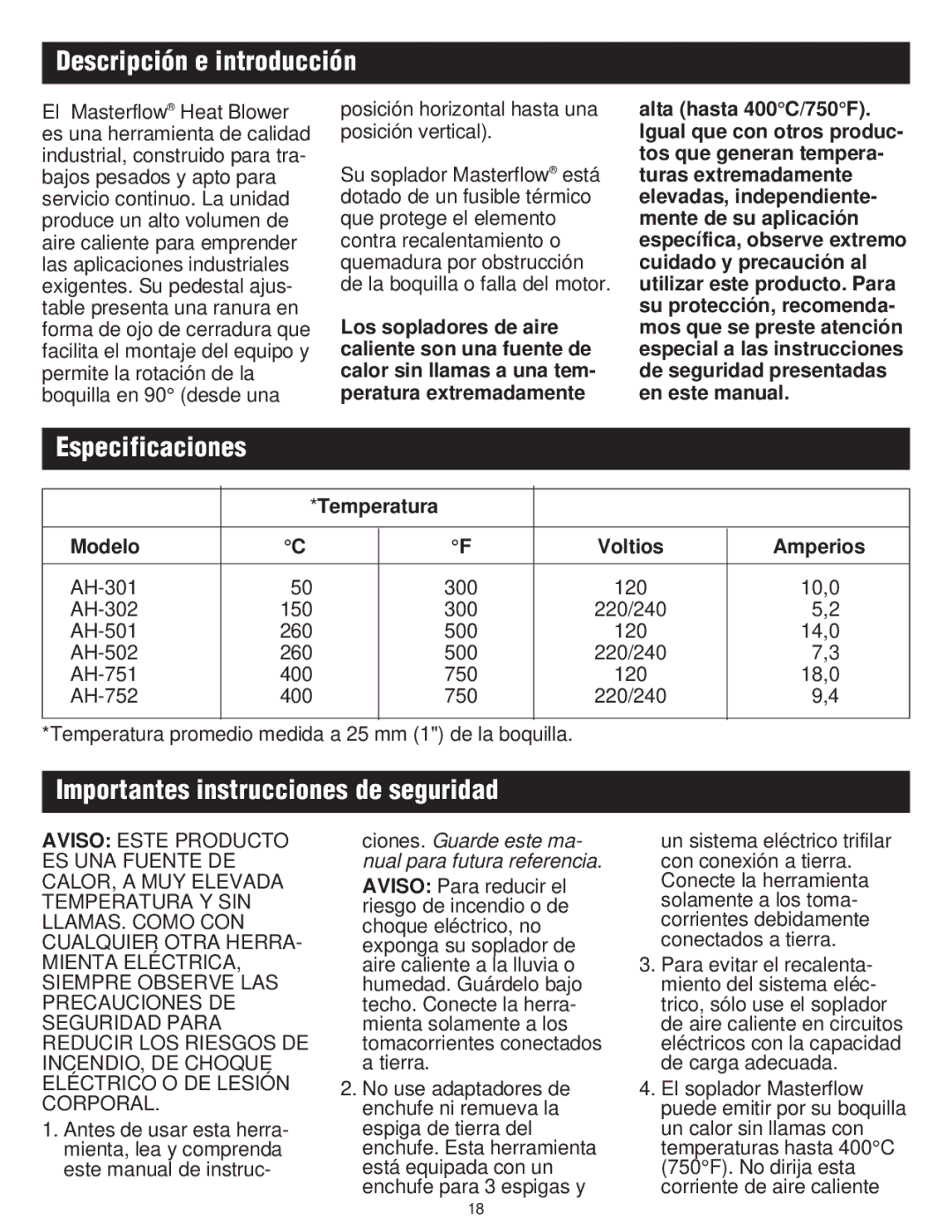 Master Appliance Heat Blower Descripción e introducción, Especificaciones, Importantes instrucciones de seguridad 