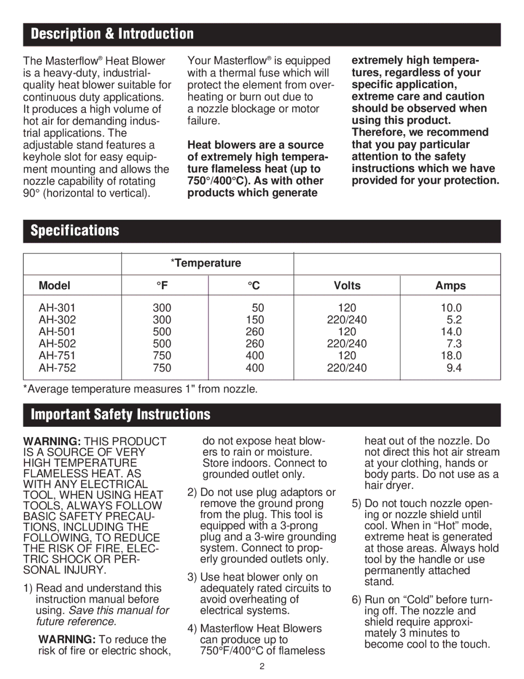 Master Appliance Heat Blower Description & Introduction, Specifications, Important Safety Instructions, Model Volts Amps 