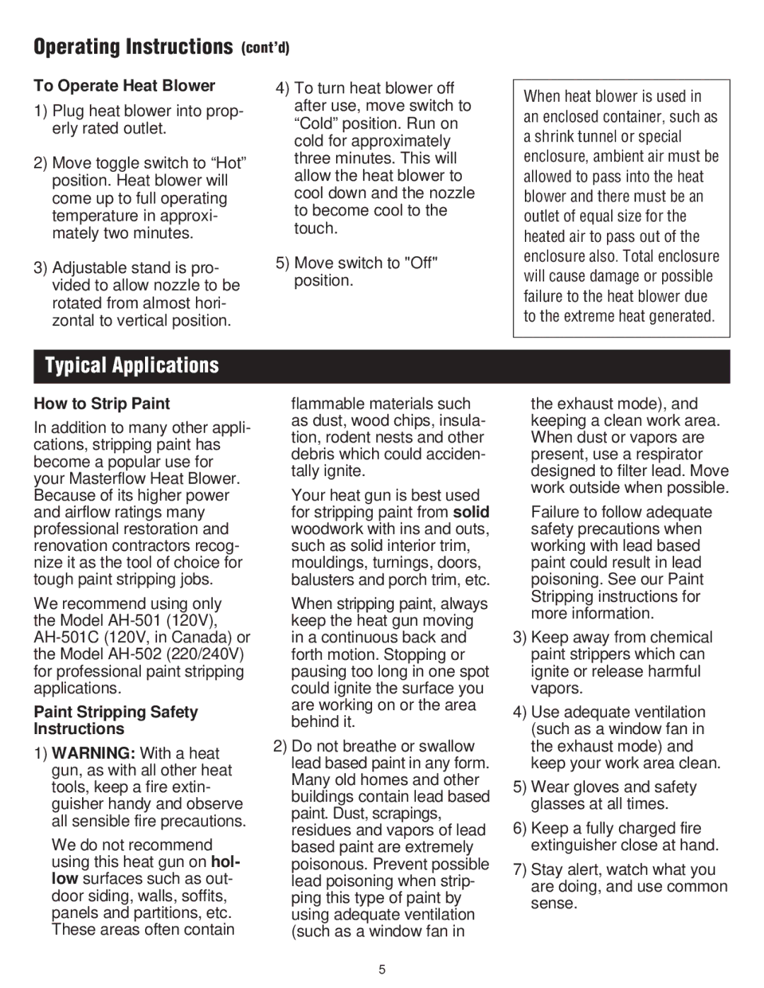 Master Appliance Operating Instructions cont’d, Typical Applications, To Operate Heat Blower, How to Strip Paint 