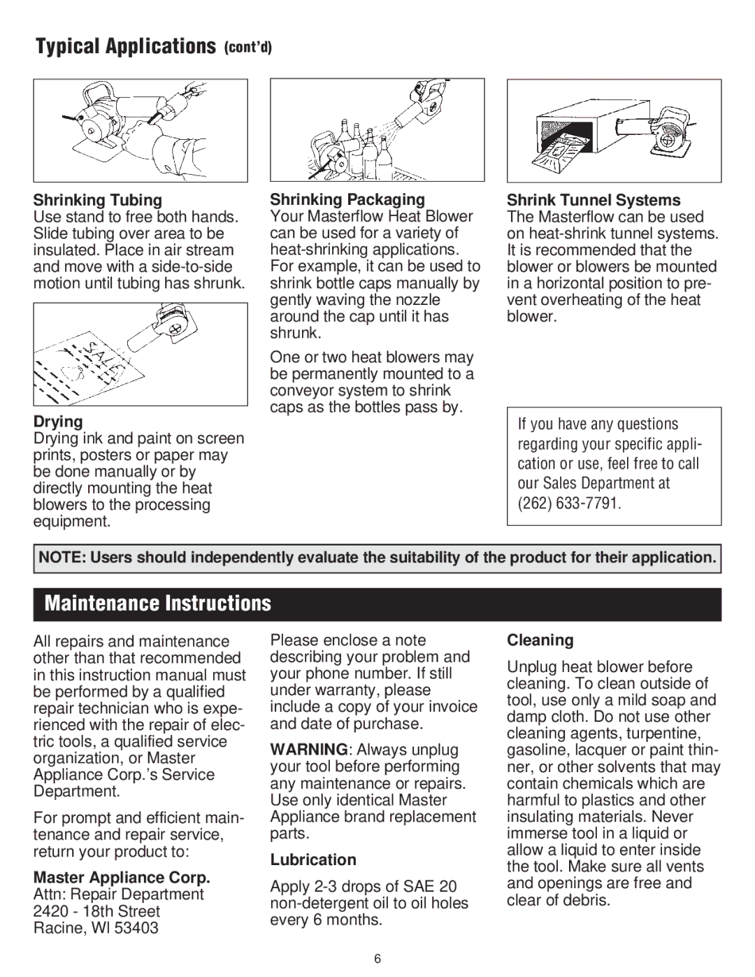 Master Appliance Heat Blower instruction manual Typical Applications cont’d, Maintenance Instructions 