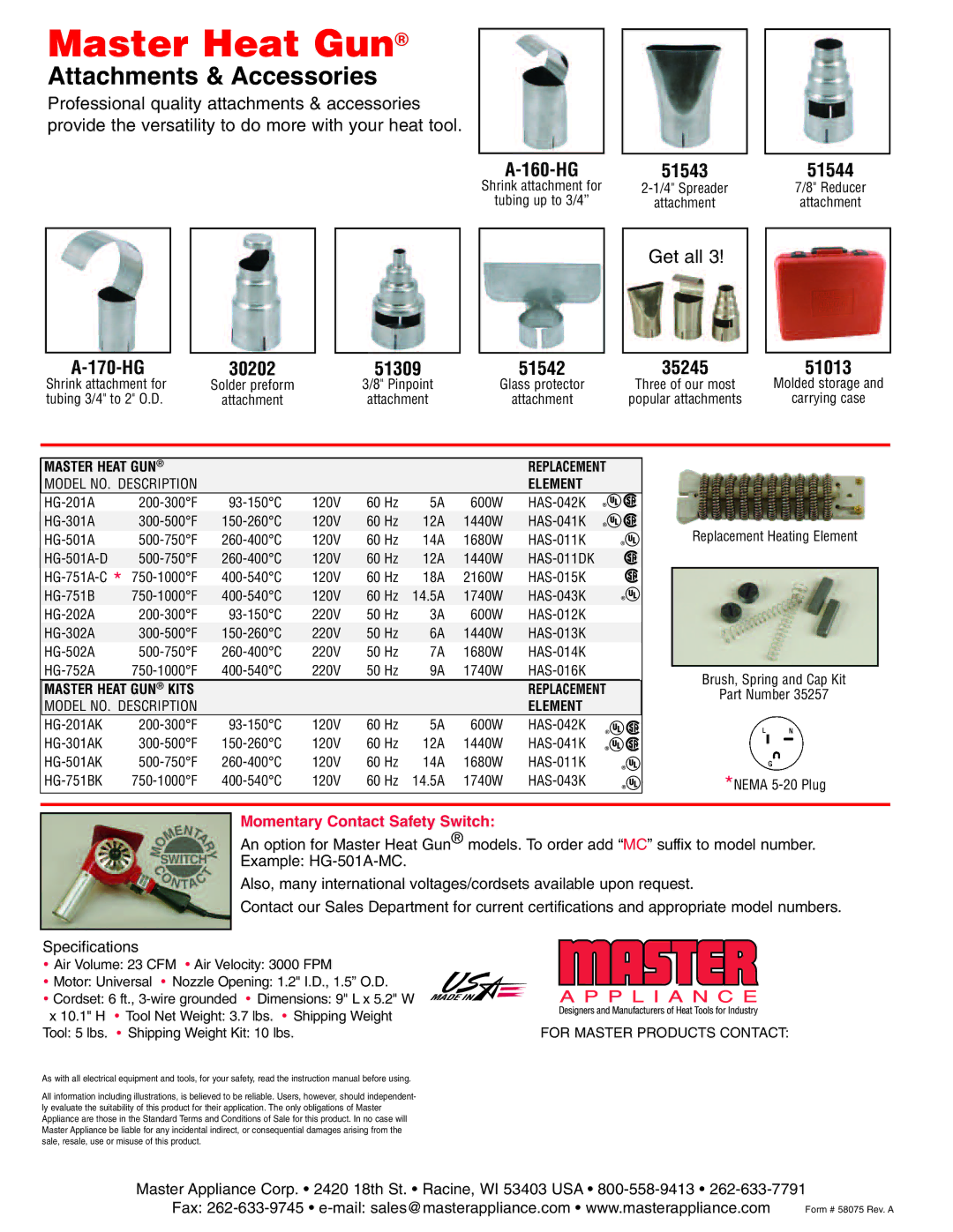 Master Appliance HG Series manual AttachmentsMaster Heat& AccessoriesGun 