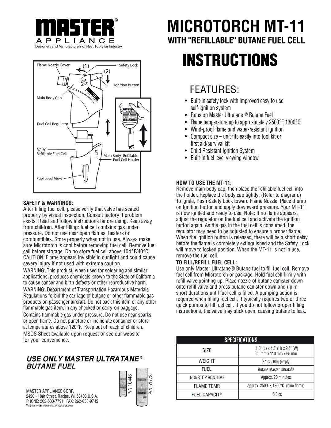 Master Appliance specifications Safety & Warnings, HOW to USE the MT-11, To FILL/REFILL Fuel Cell 