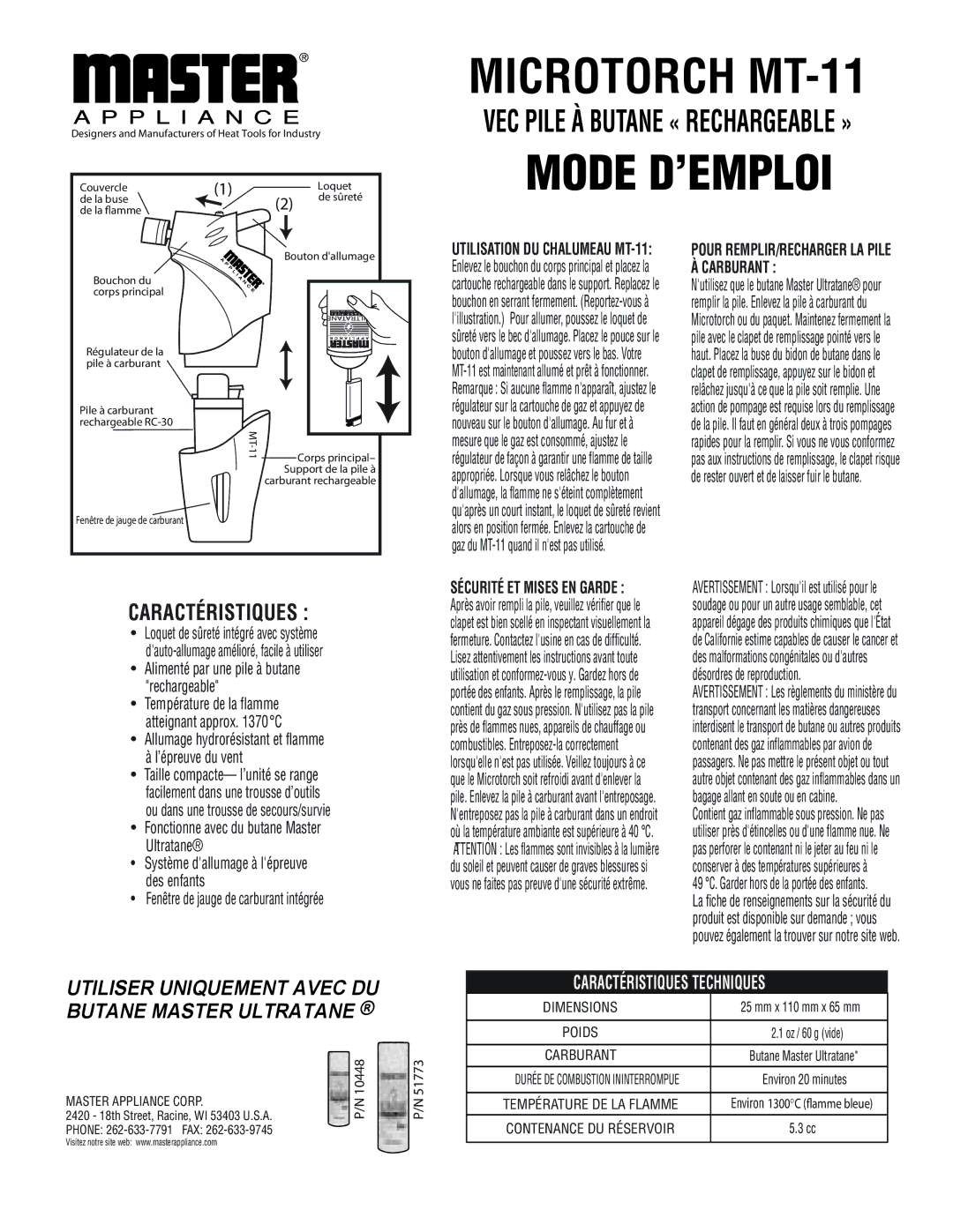 Master Appliance MT-11 specifications Mode D’EMPLOI 