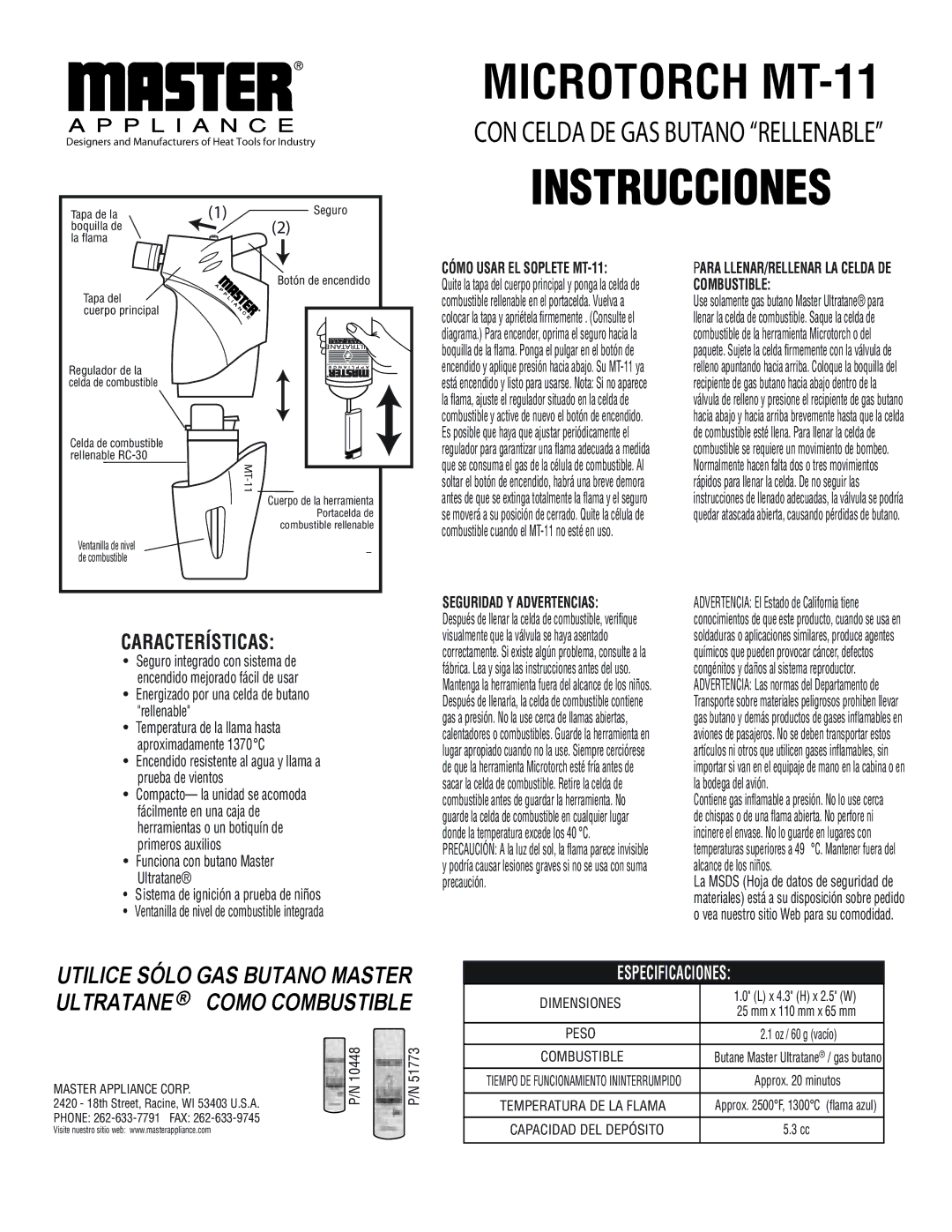 Master Appliance specifications Cómo Usar EL Soplete MT-11, Combustible 