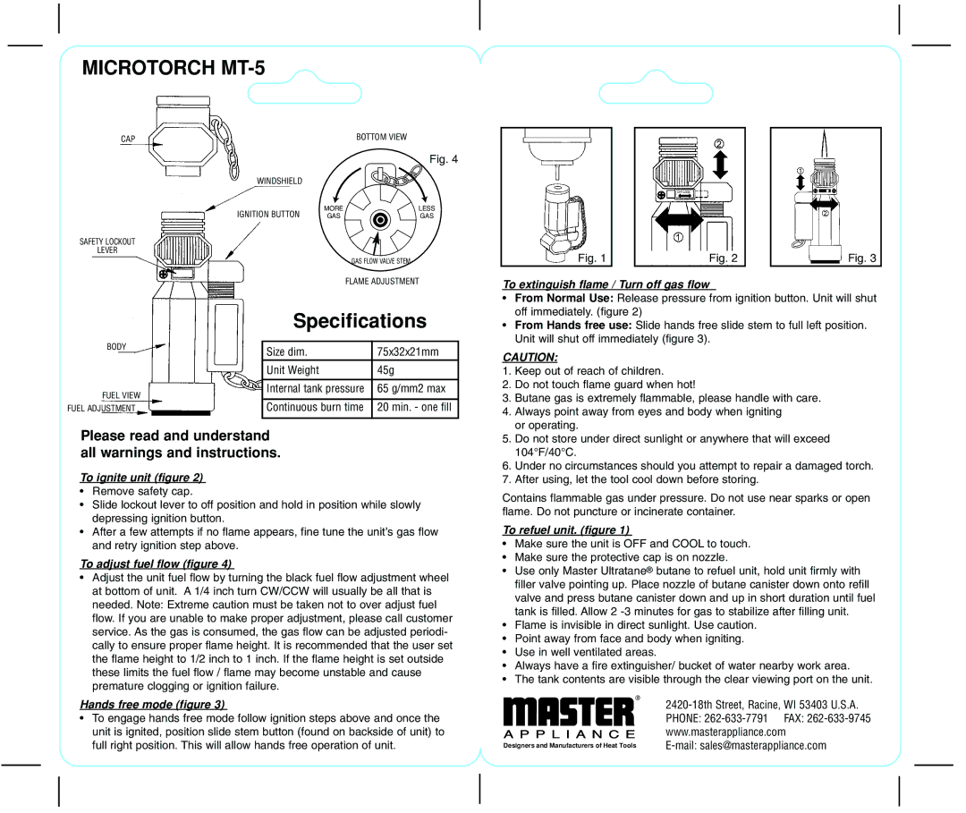 Master Appliance manual Microtorch MT-5, Specifications, Please read and understand all warnings and instructions 