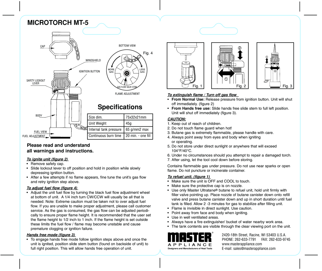 Master Appliance manual MICROTORCH MT-5, Specifications, Please read and understand all warnings and instructions 