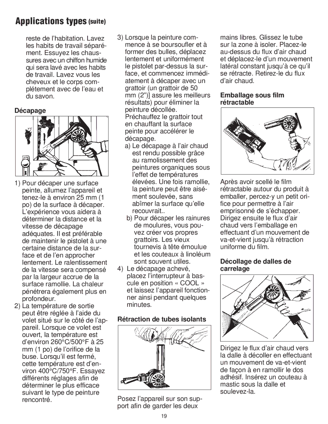 Master Appliance PH-1100 instruction manual Décapage, Rétraction de tubes isolants, Emballage sous film rétractable 