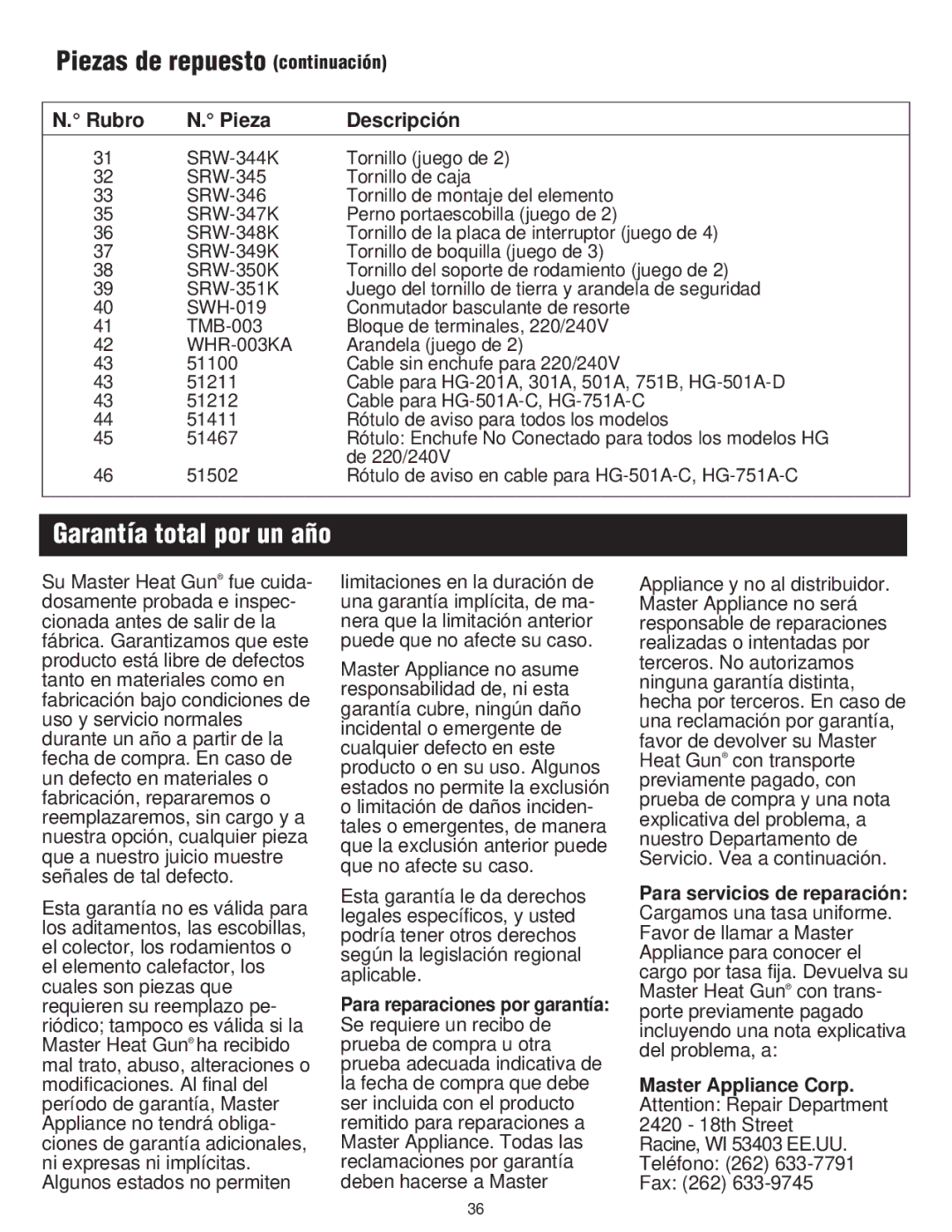 Master Appliance PH-1100 instruction manual Piezas de repuesto continuación, Garantía total por un año 