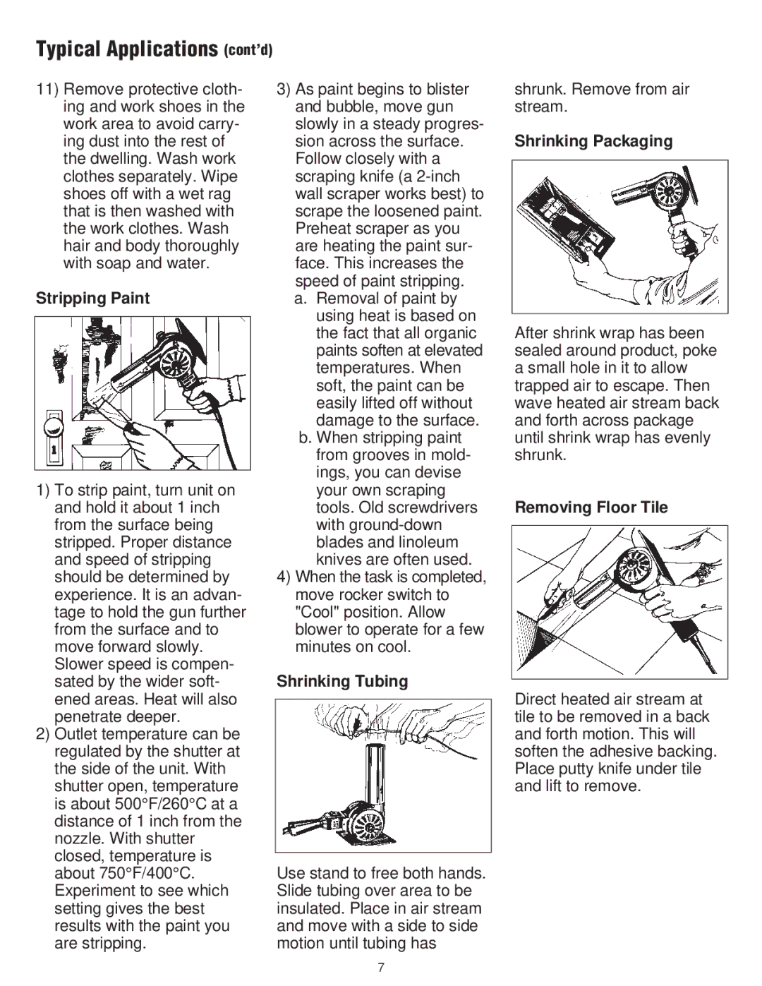 Master Appliance PH-1100 Typical Applications cont’d, Stripping Paint, Shrinking Tubing, Shrinking Packaging 