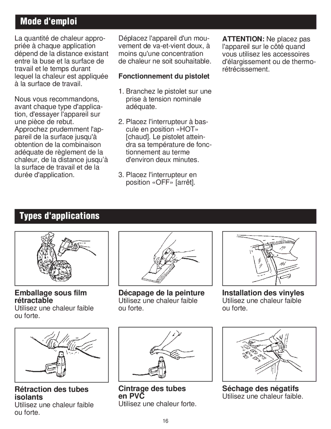 Master Appliance PH-2100, PH-1100K instruction manual Mode demploi, Types dapplications, Fonctionnement du pistolet 