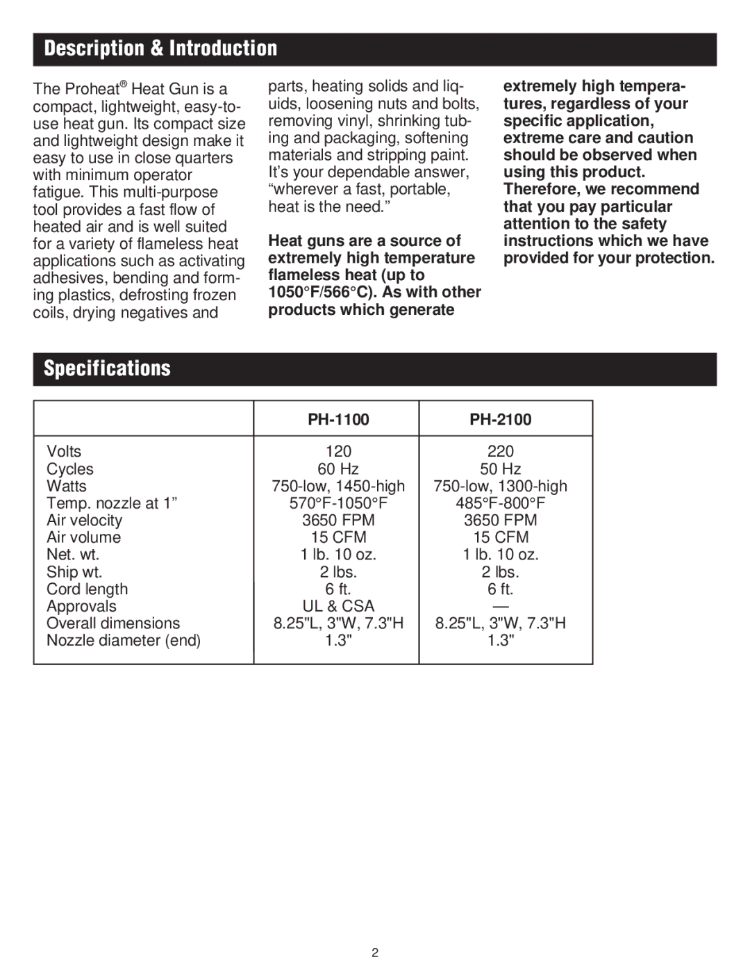 Master Appliance PH-2100, PH-1100K instruction manual Description & Introduction, Specifications 