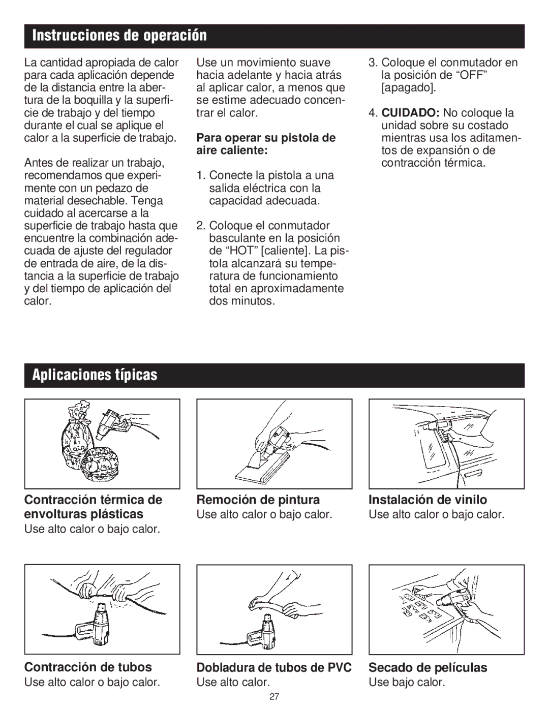 Master Appliance PH-1100K Instrucciones de operación, Aplicaciones típicas, Para operar su pistola de aire caliente 