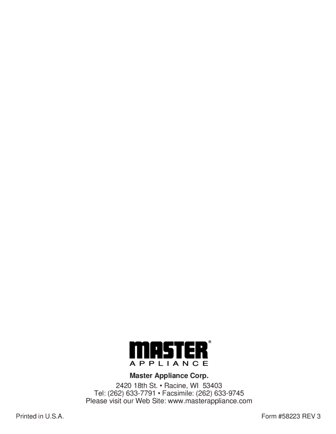 Master Appliance PH-2100, PH-1100K instruction manual Master Appliance Corp, 2420 18th St. Racine, WI 