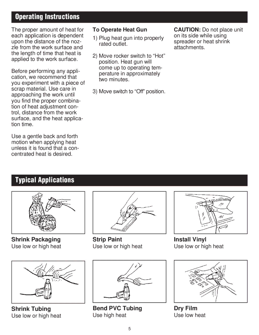 Master Appliance PH-1100K, PH-2100 Typical Applications, To Operate Heat Gun, Plug heat gun into properly rated outlet 