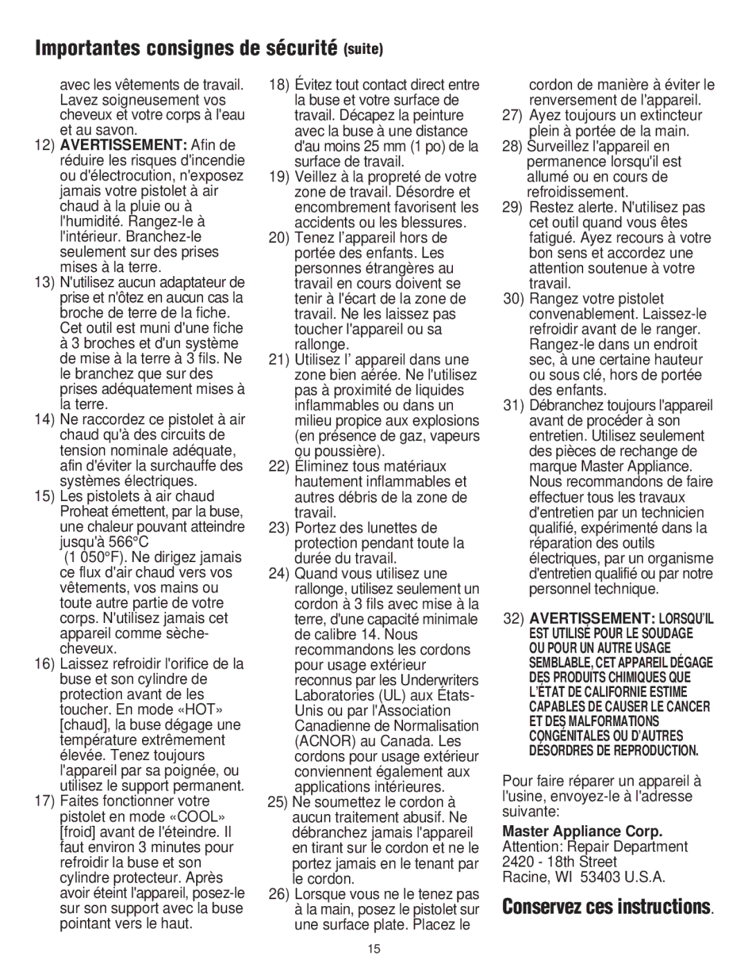 Master Appliance PH-1200, PH-2200 instruction manual Importantes consignes de sécurité suite, Conservez ces instructions 