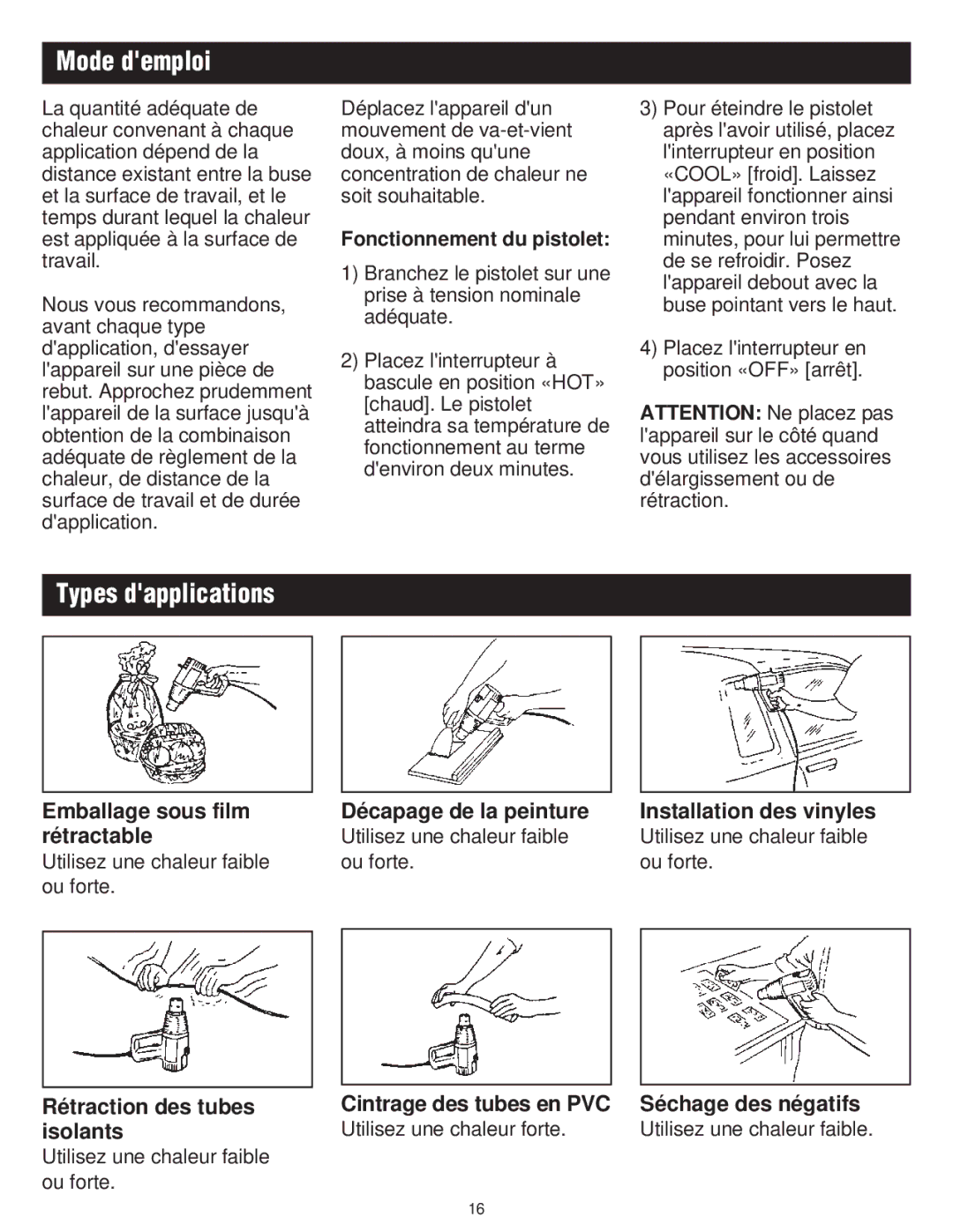 Master Appliance PH-2200, PH-1200 Mode demploi, Types dapplications, Placez linterrupteur en position «OFF» arrêt 