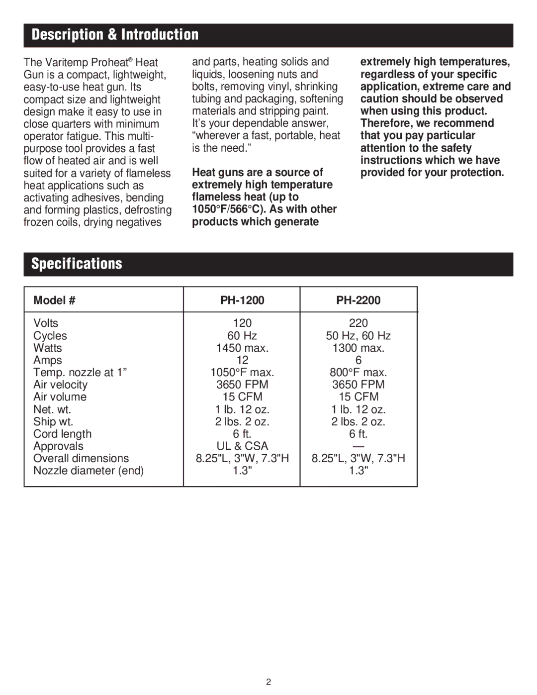 Master Appliance instruction manual Description & Introduction, Specifications, Model # PH-1200 PH-2200 