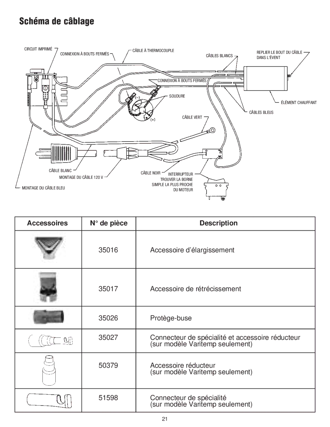 Master Appliance PH-1200, PH-2200 instruction manual Schéma de câblage, Accessoires De pièce Description 