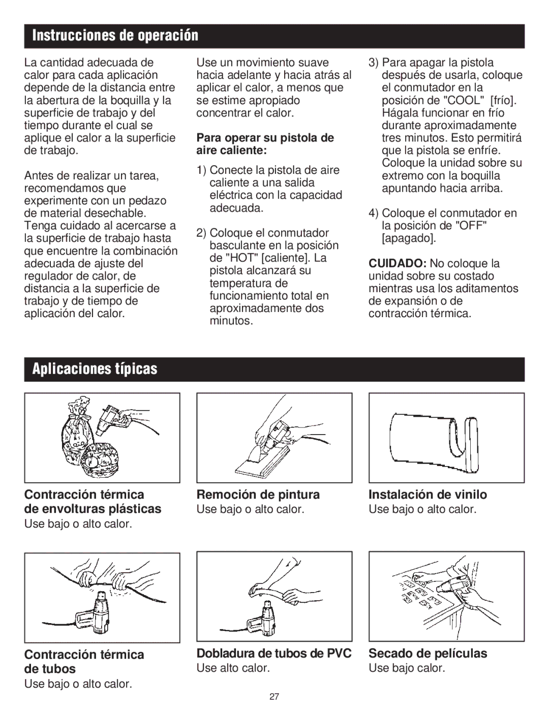 Master Appliance PH-1200 Instrucciones de operación, Aplicaciones típicas, Para operar su pistola de aire caliente 