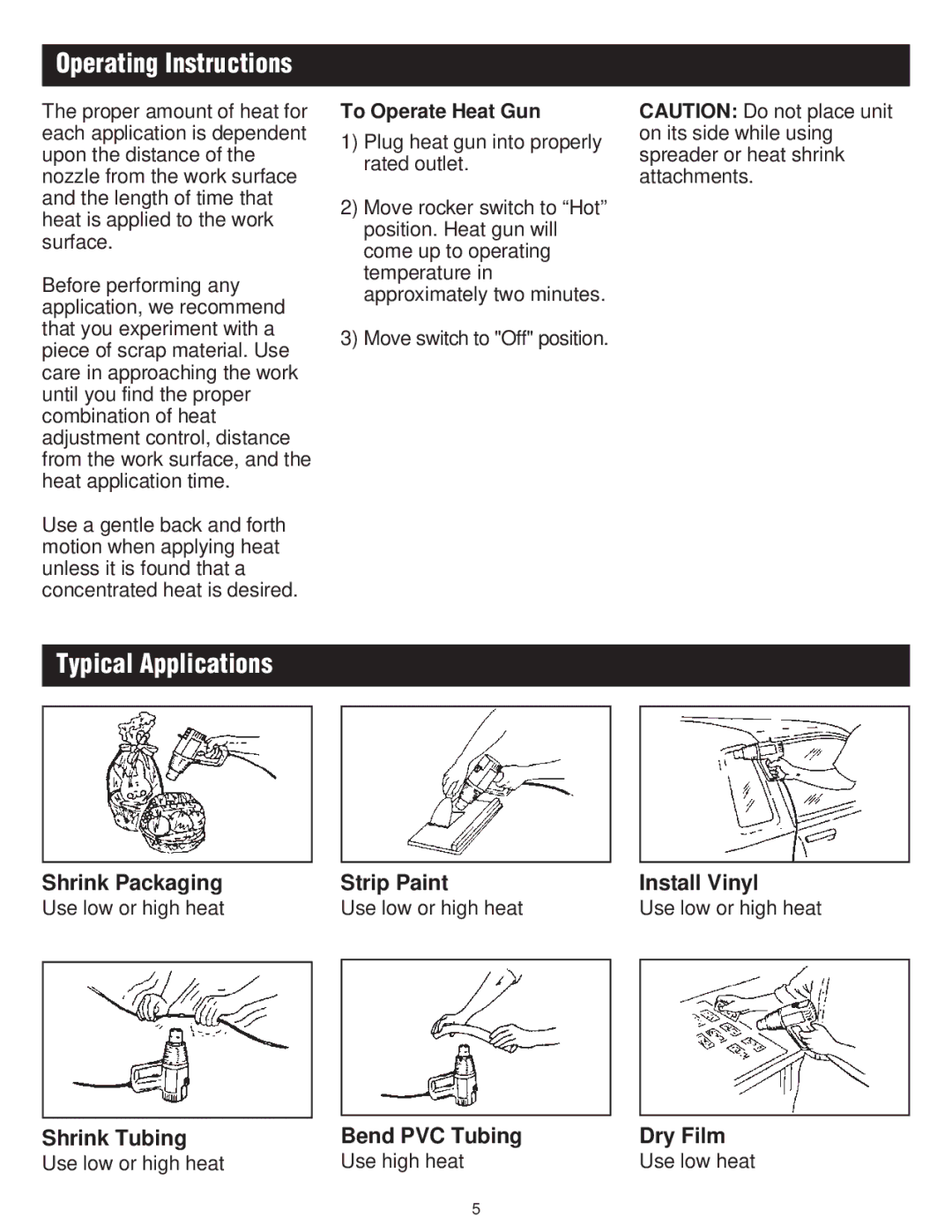 Master Appliance PH-1200, PH-2200 Typical Applications, To Operate Heat Gun, Plug heat gun into properly rated outlet 