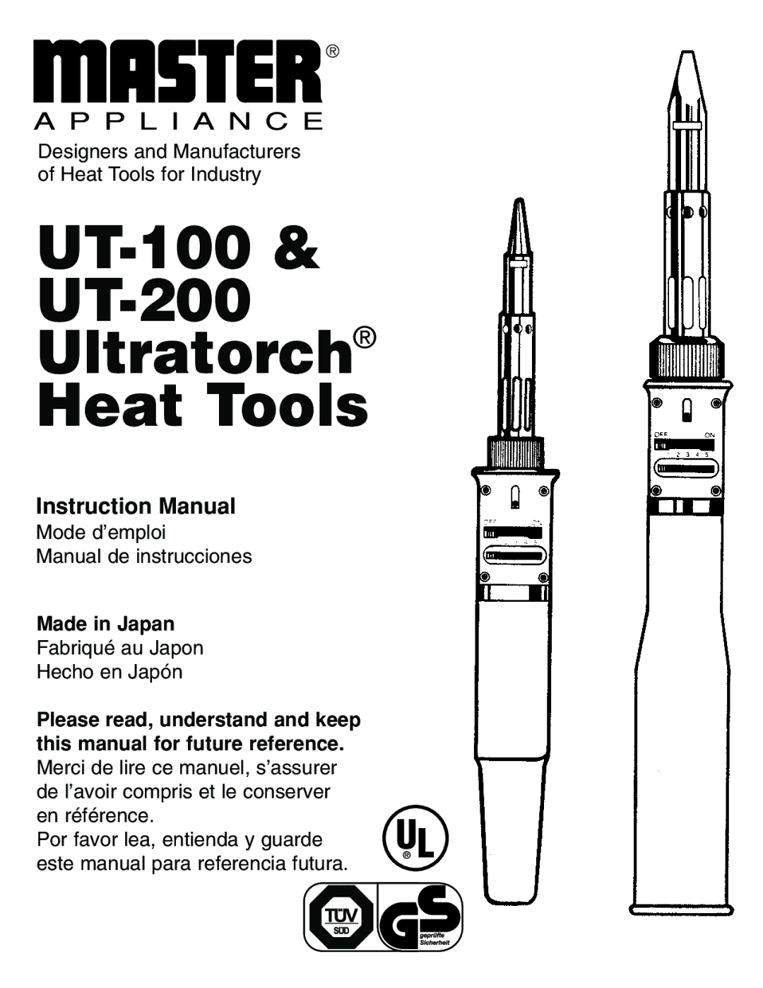 Master Appliance instruction manual UT-100 UT-200 Ultratorch Heat Tools, Made in Japan 