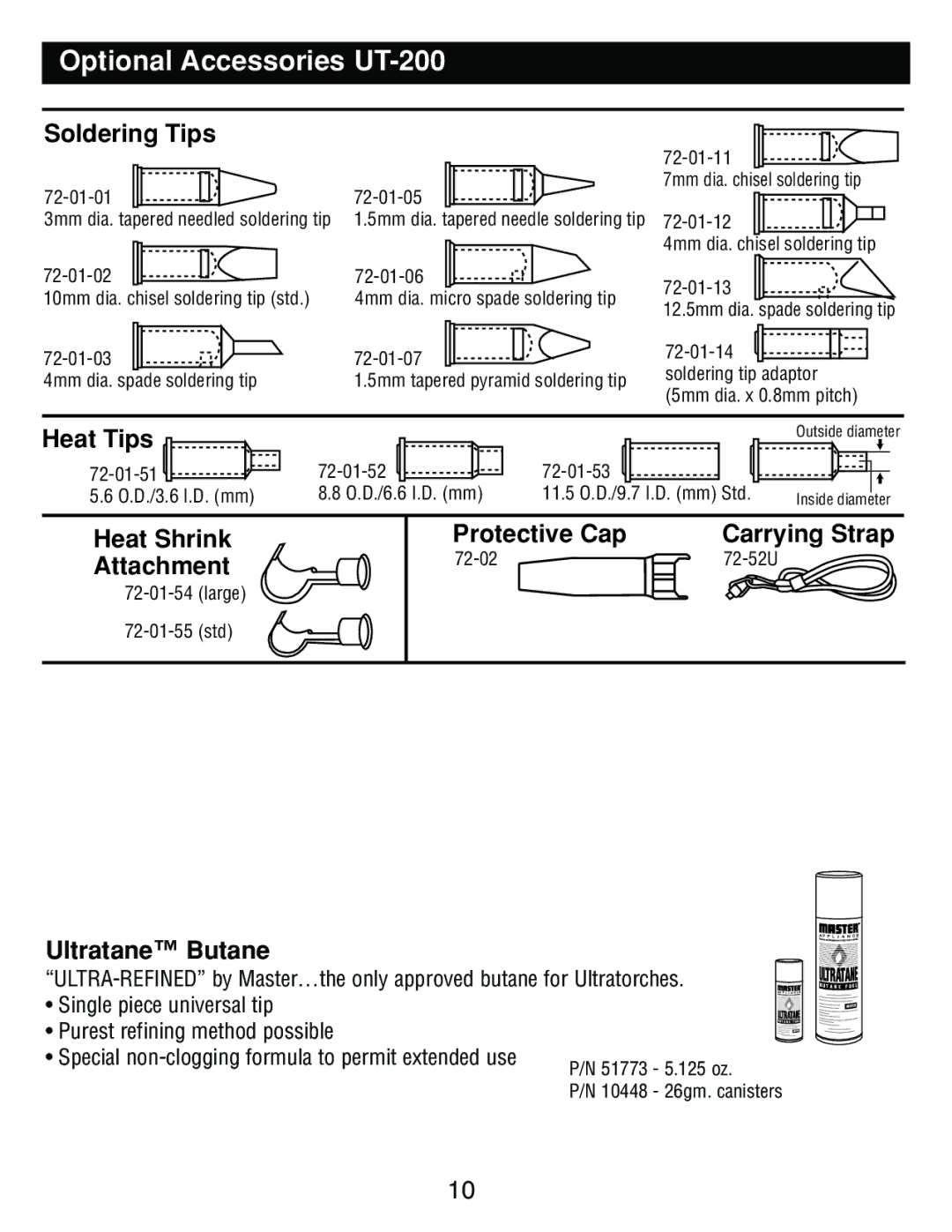 Master Appliance Optional Accessories UT-200, Heat Shrink Attachment, Protective Cap, Carrying Strap, Ultratane Butane 