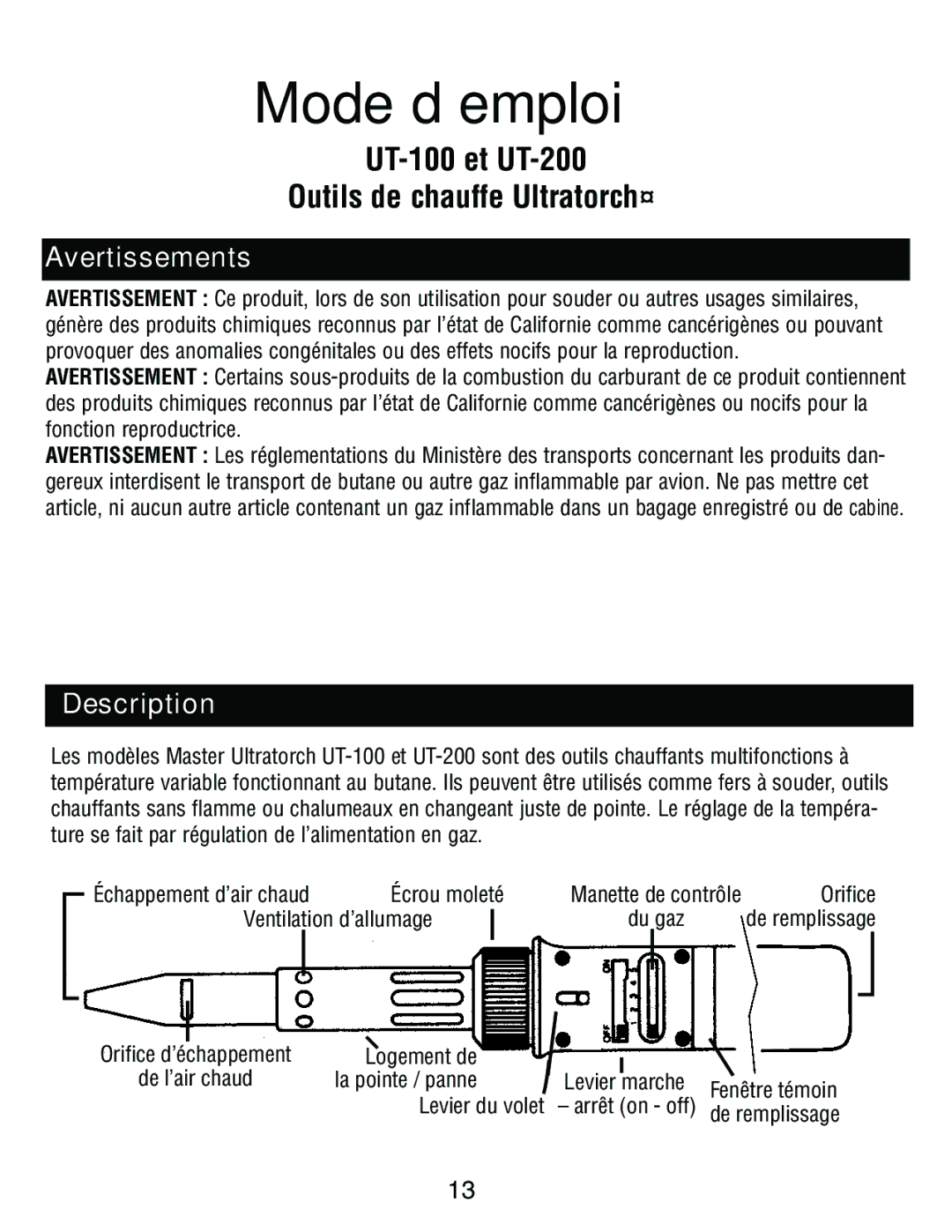 Master Appliance UT-100, UT-200 instruction manual Avertissements 