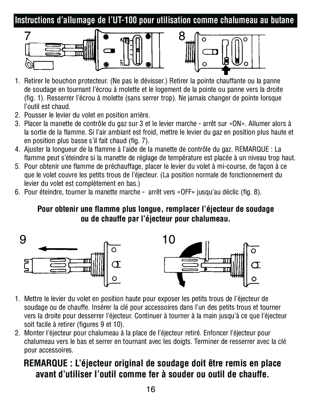 Master Appliance UT-200, UT-100 instruction manual Ou de chauffe par l’éjecteur pour chalumeau 