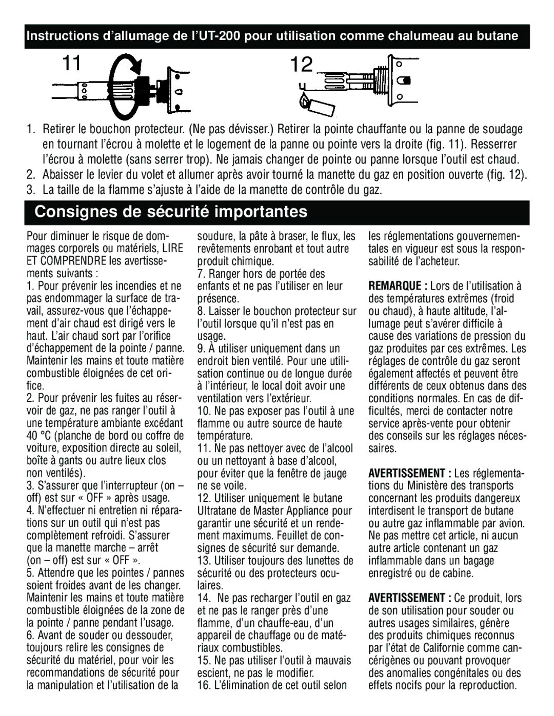 Master Appliance UT-100, UT-200 instruction manual Consignes de sécurité importantes, On off est sur « OFF » 