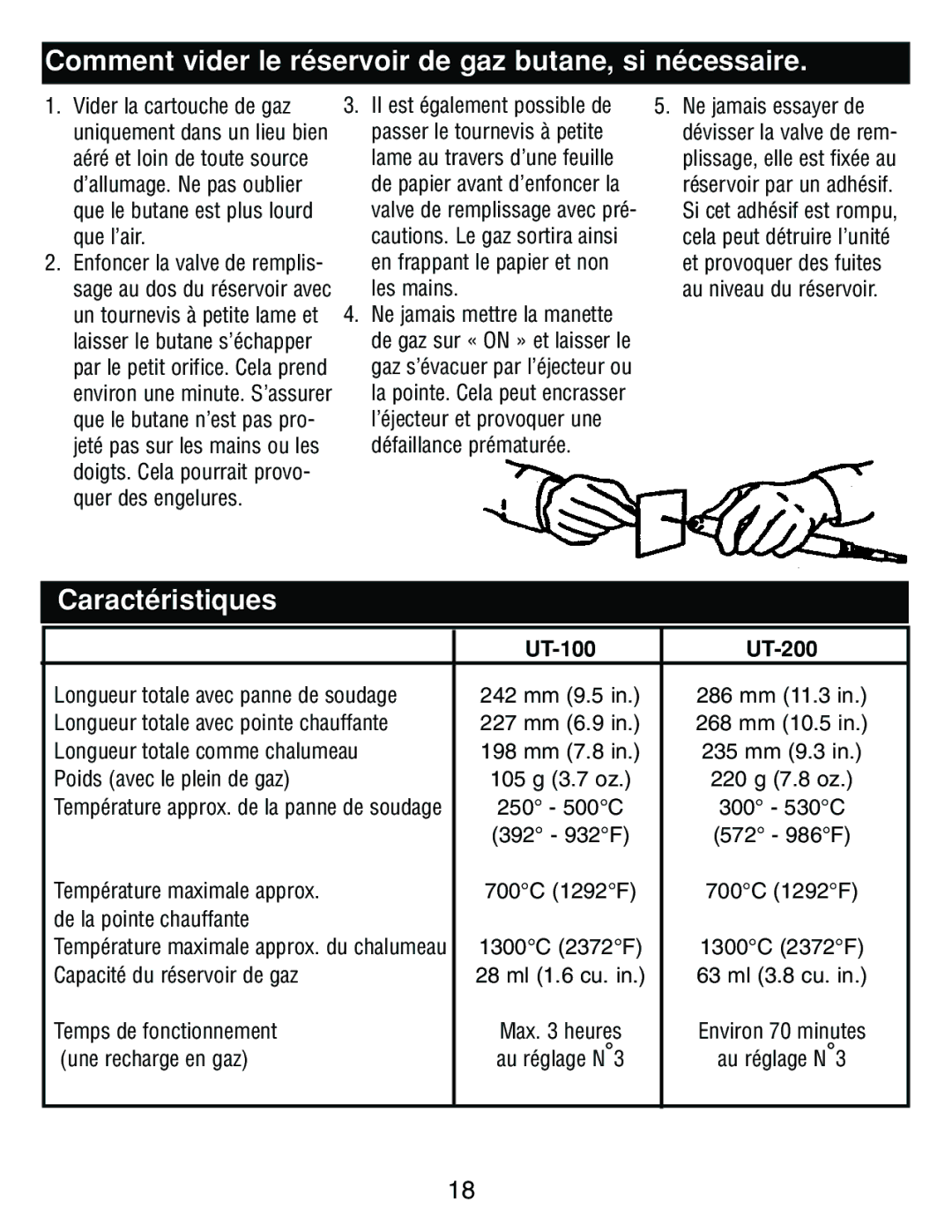 Master Appliance UT-200, UT-100 instruction manual Comment vider le réservoir de gaz butane, si nécessaire, Caractéristiques 