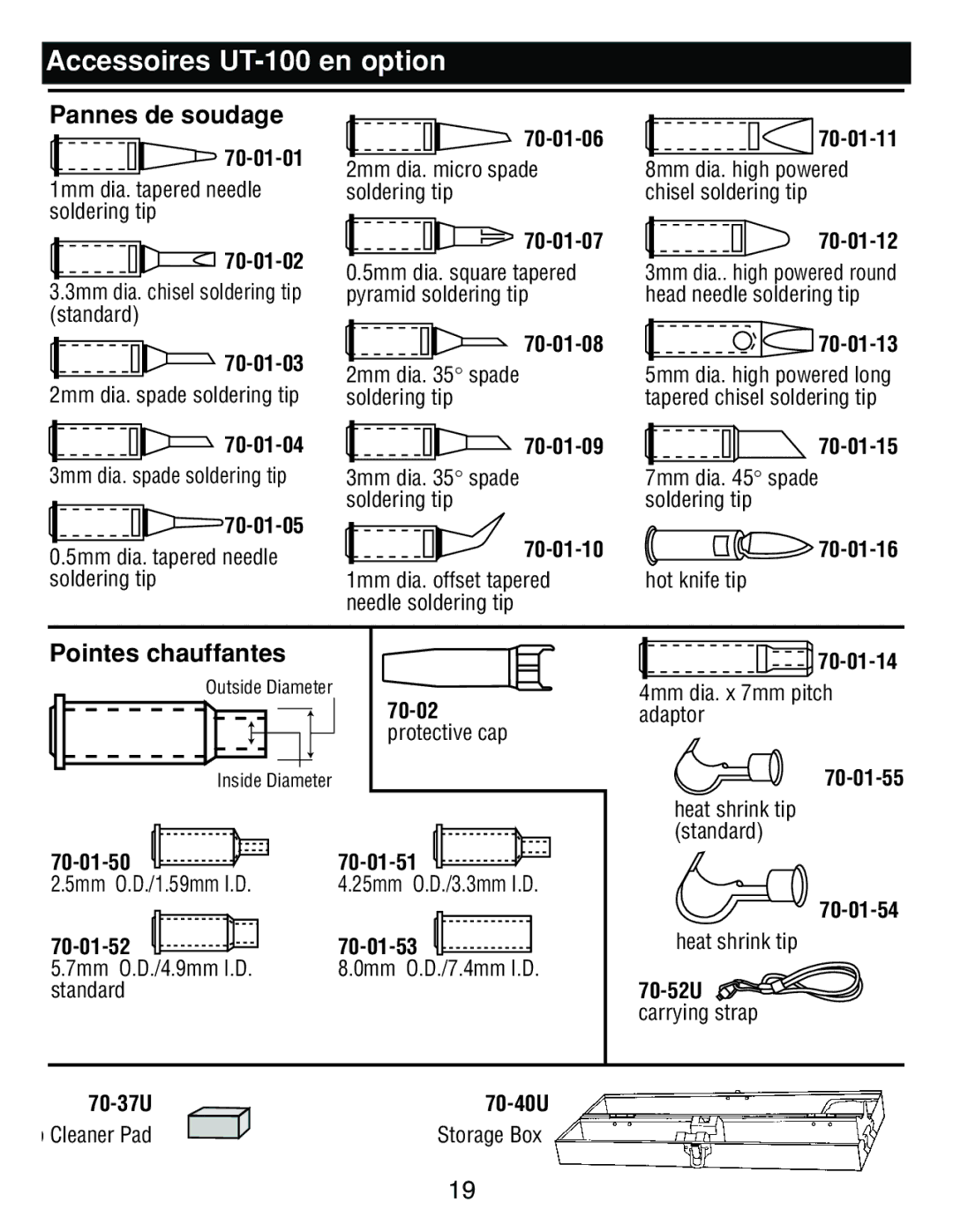 Master Appliance UT-200 instruction manual Accessoires UT-100 en option, Pannes de soudage, Pointes chauffantes 