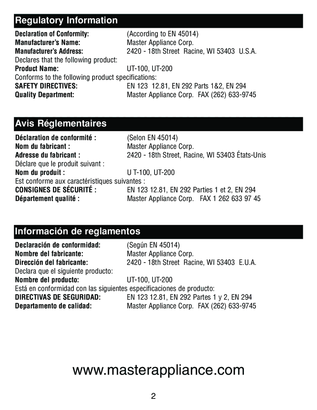 Master Appliance UT-200, UT-100 instruction manual Regulatory Information, Avis Réglementaires, Información de reglamentos 