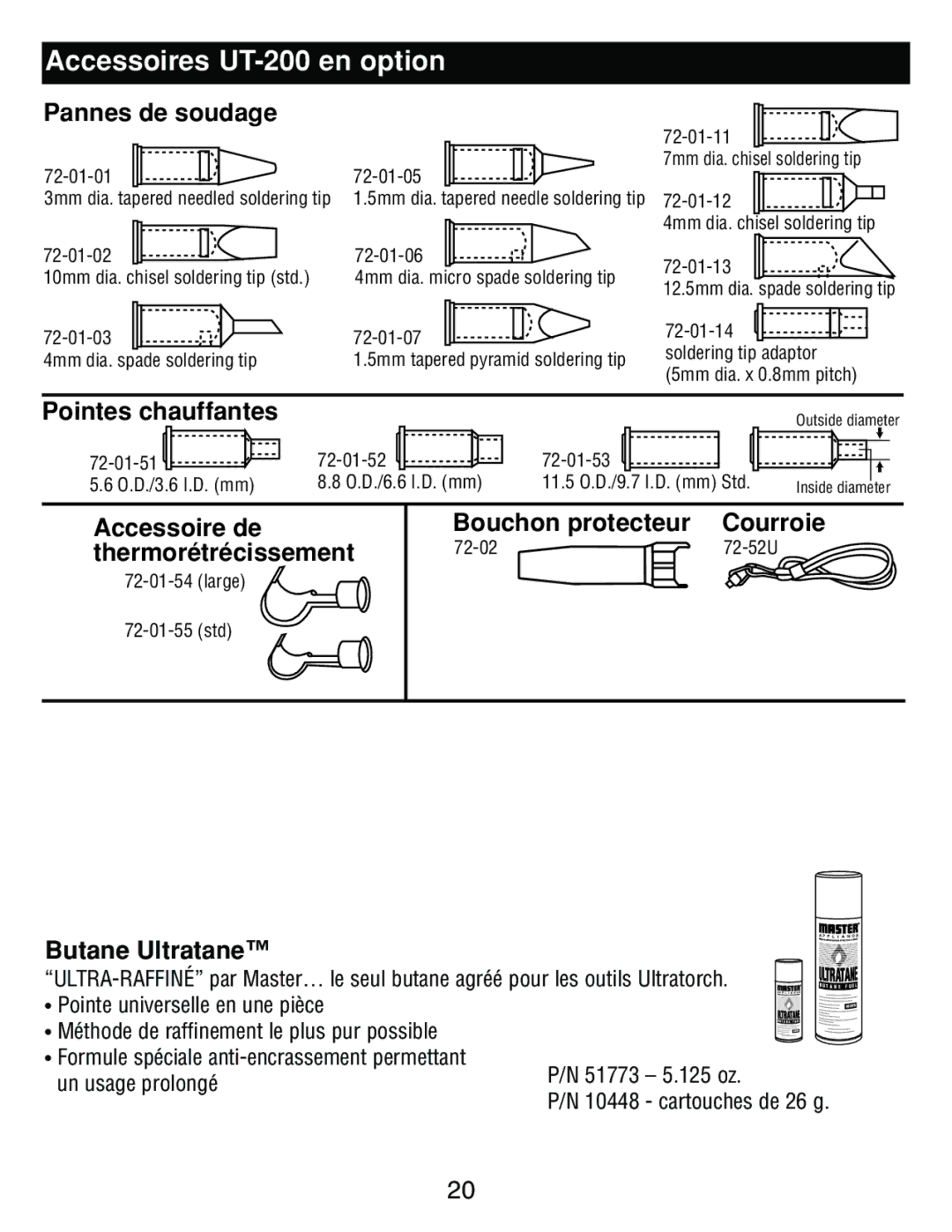 Master Appliance UT-100 instruction manual Accessoires UT-200 en option, Bouchon protecteur, Butane Ultratane 