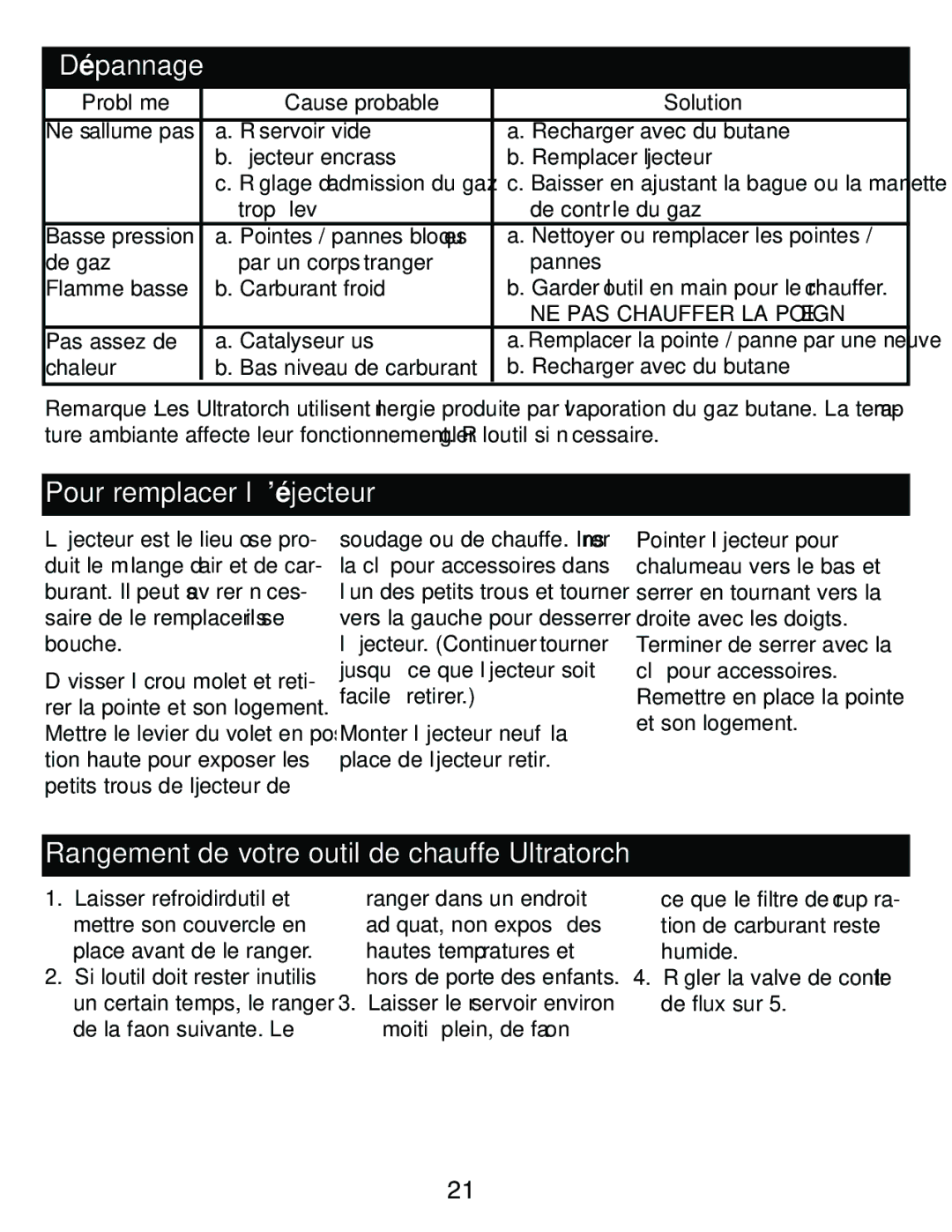 Master Appliance UT-100, UT-200 Dépannage, Pour remplacer l’éjecteur, Rangement de votre outil de chauffe Ultratorch 