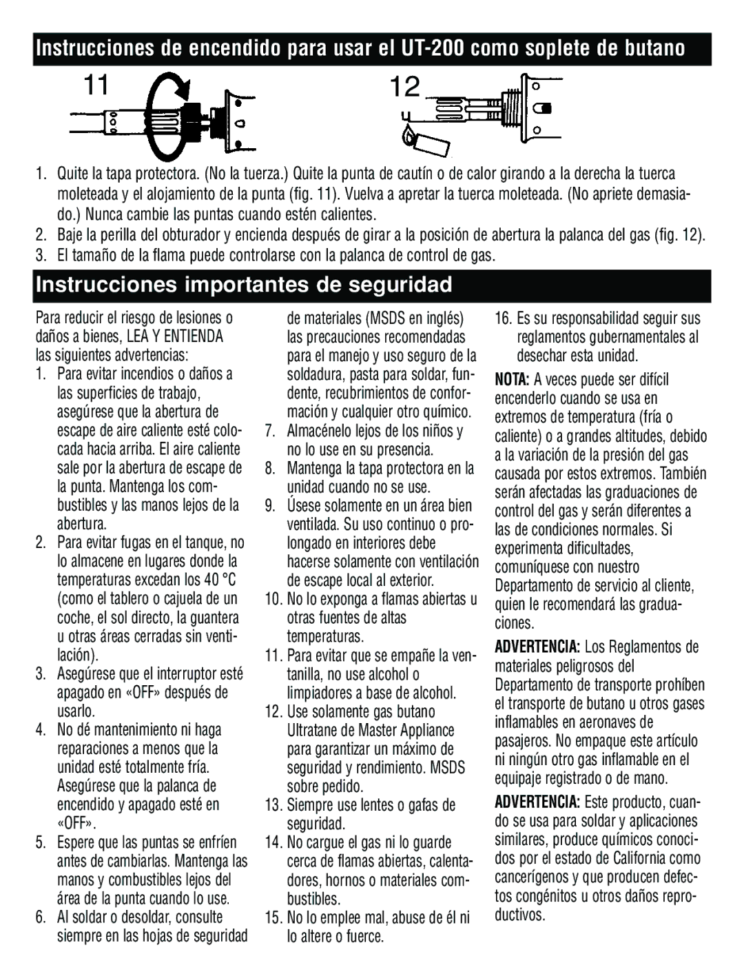 Master Appliance UT-100, UT-200 Instrucciones importantes de seguridad, Siempre use lentes o gafas de seguridad 