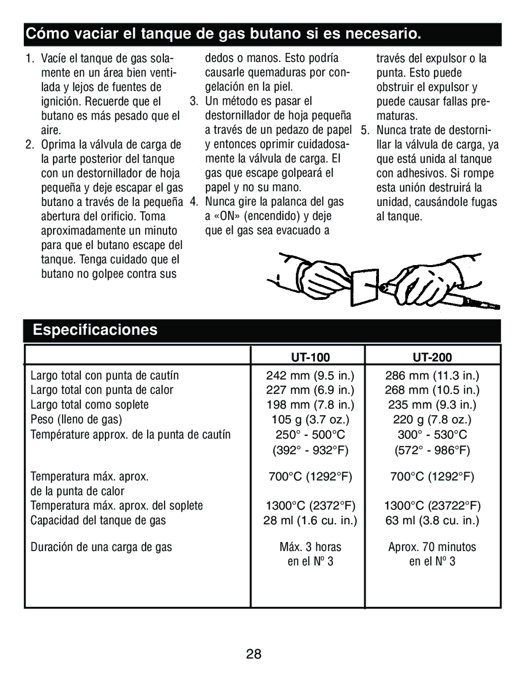 Master Appliance UT-200, UT-100 instruction manual Cómo vaciar el tanque de gas butano si es necesario, Especificaciones 